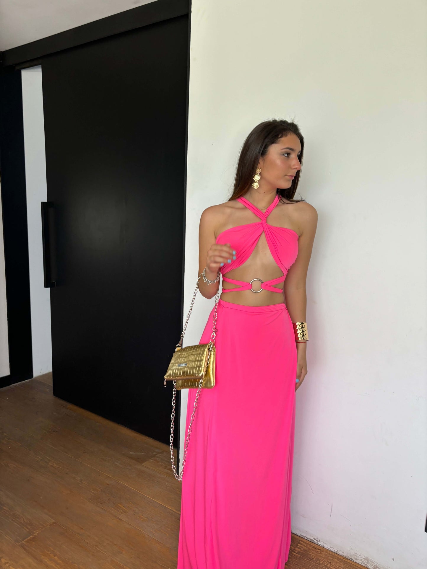 conjunto de fiesta largo rojo para bodas, galas y graduaciones, tajo en la pierda, top ajustable con argolla