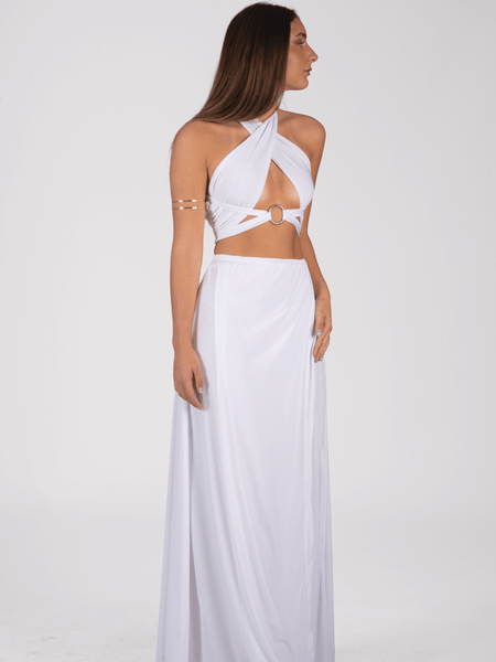 Conjunto Victoria Blanco: vestido blanco elegante ideal para bodas civiles y ceremonias en la playa, disponible en Chile.