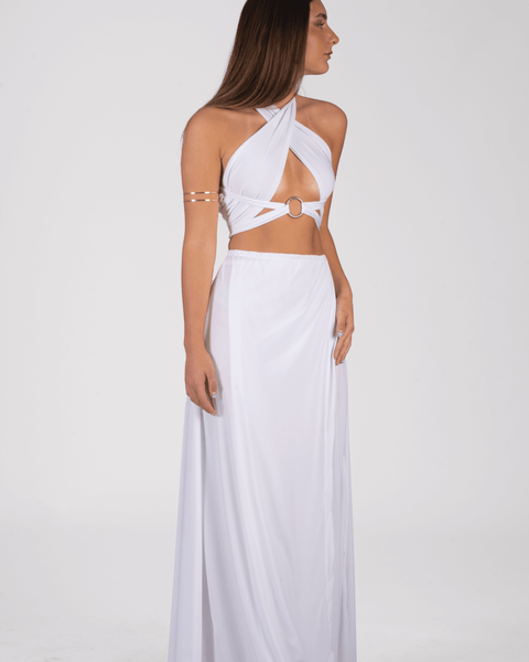 Conjunto Victoria Blanco: vestido blanco elegante ideal para bodas civiles y ceremonias en la playa, disponible en Chile.