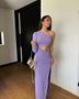 Vestido largo elegante Bianca Lila asimétrico, ideal para graduación o gala. Envío a todo Chile.