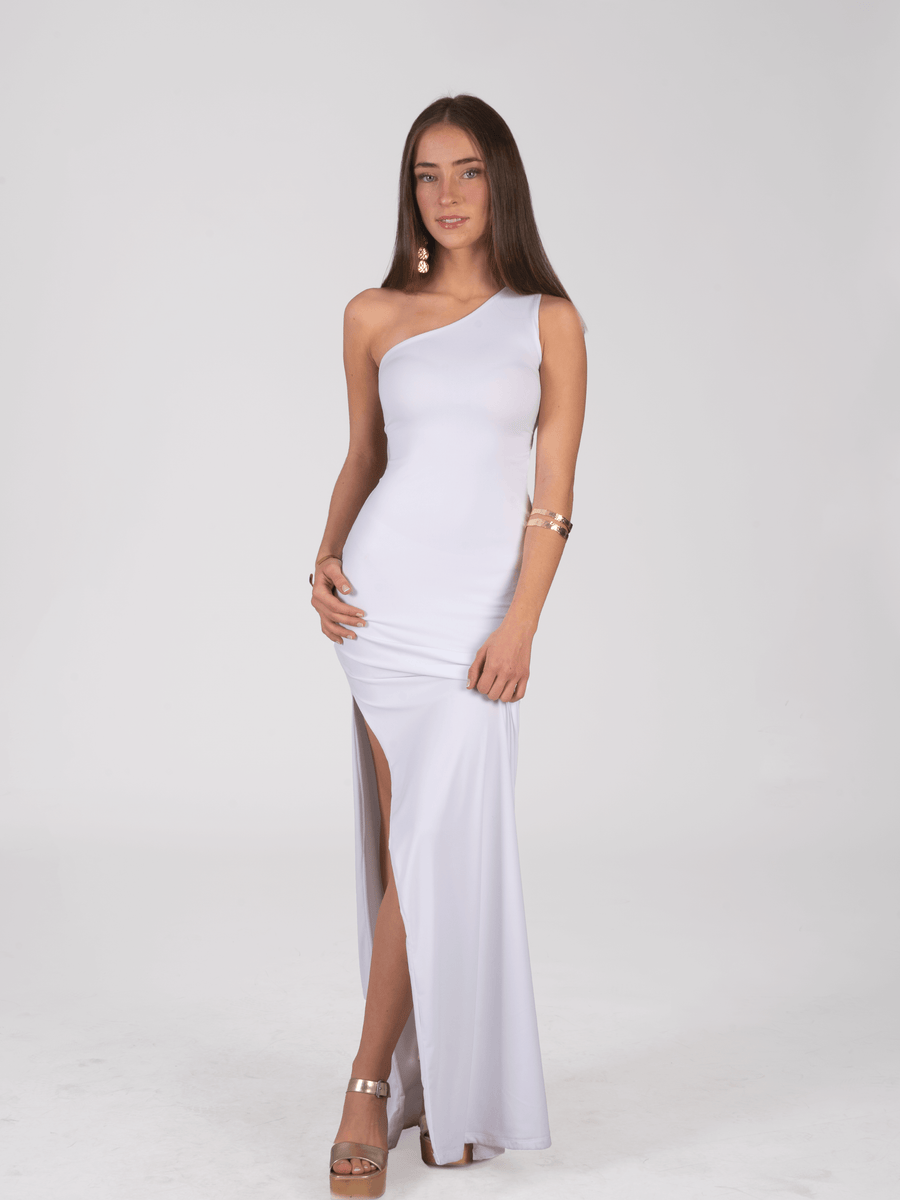 Vestido Gianna blanco elegante con corte sirena, ideal para ceremonias de matrimonio civil y bodas en la playa, envío a todo Chile.