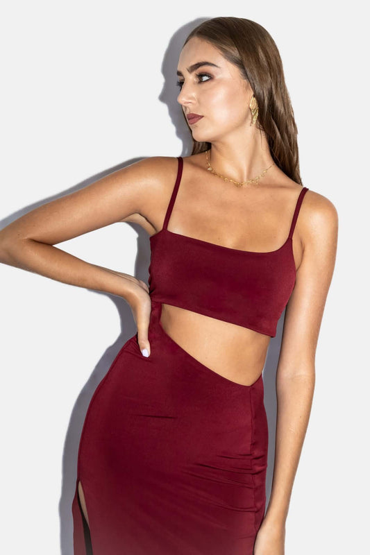 Vestido de fiesta largo burdeo para bodas, galas y graduaciones. Envío a todo Chile.