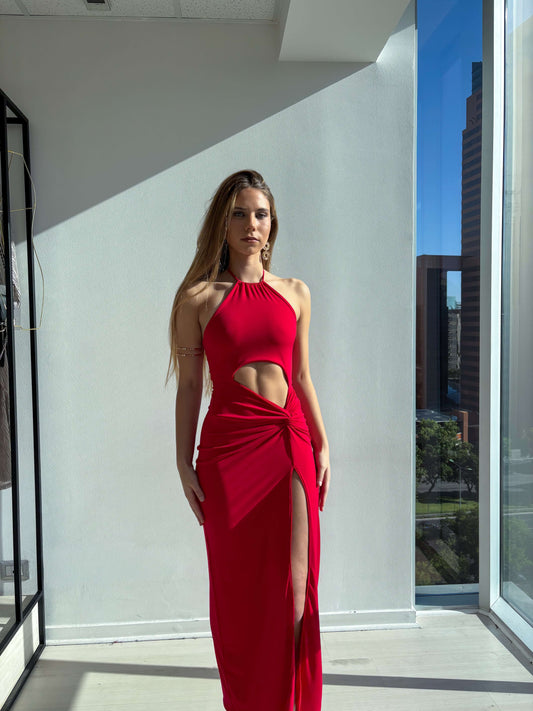 Vestido Rebecca Rojo, vestido de fiesta largo y elegante, con tajo y espalda descubierta, moderno y elasticado.